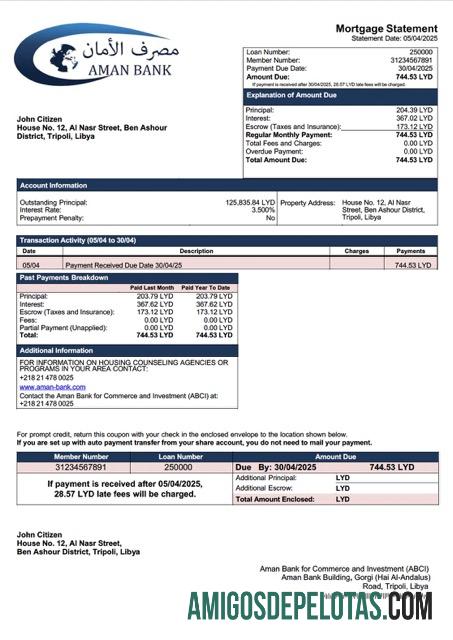 realista Líbia Aman Bank For Commerce And Investment (ABCI) Declaração de hipoteca Word e modelo PDF